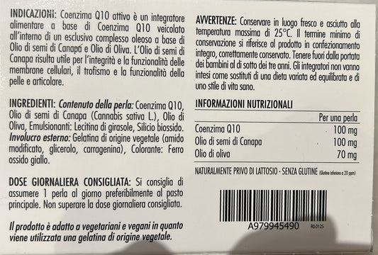 Coenzima Q10 Attivo 100mg - 30 Perle - Olio di Semi di Canapa e Oliva