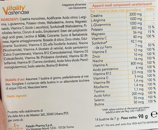Vitality Astenase – Integratore di Creatina, Arginina e Glutammina